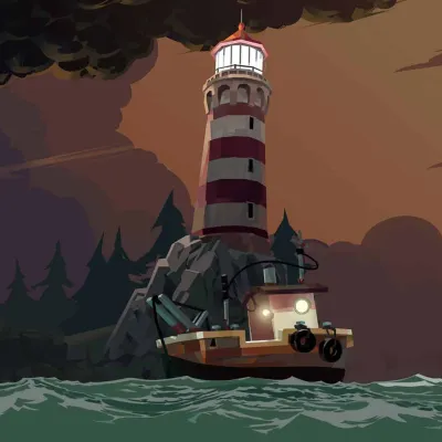 A fishing boat in the ocean in front of a lighthouse