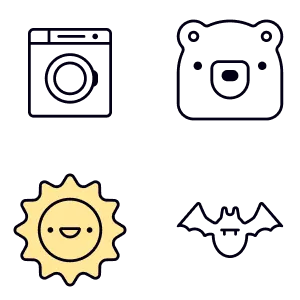 Four vector icons, from top left to bottom right: a washing machine, a bear, a smiling face sun, a bat